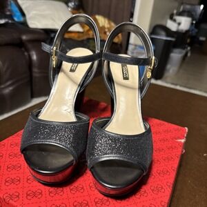 GUESS Black Glitter Ankle Strap Block Heel Sandals US 10M with Box
